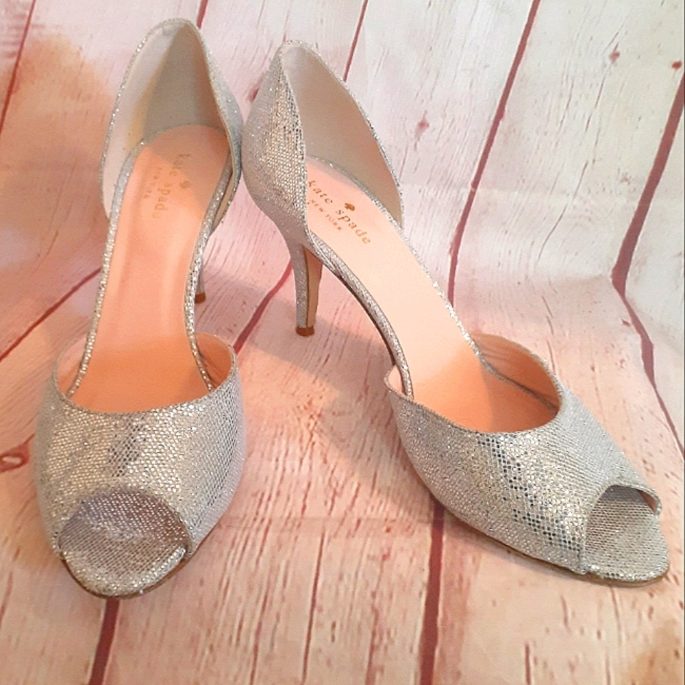kate spade Silver Glitter Peep-Toe Heels
